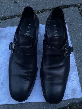 Prada Black Leather Monk Strap Shoes with Silver Buckles